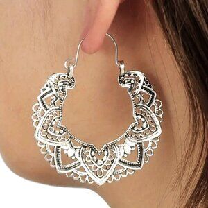 Bohemian Earrings Dangle Silver Boho Hippie Mandala Filigree Hollow Cut Hoop